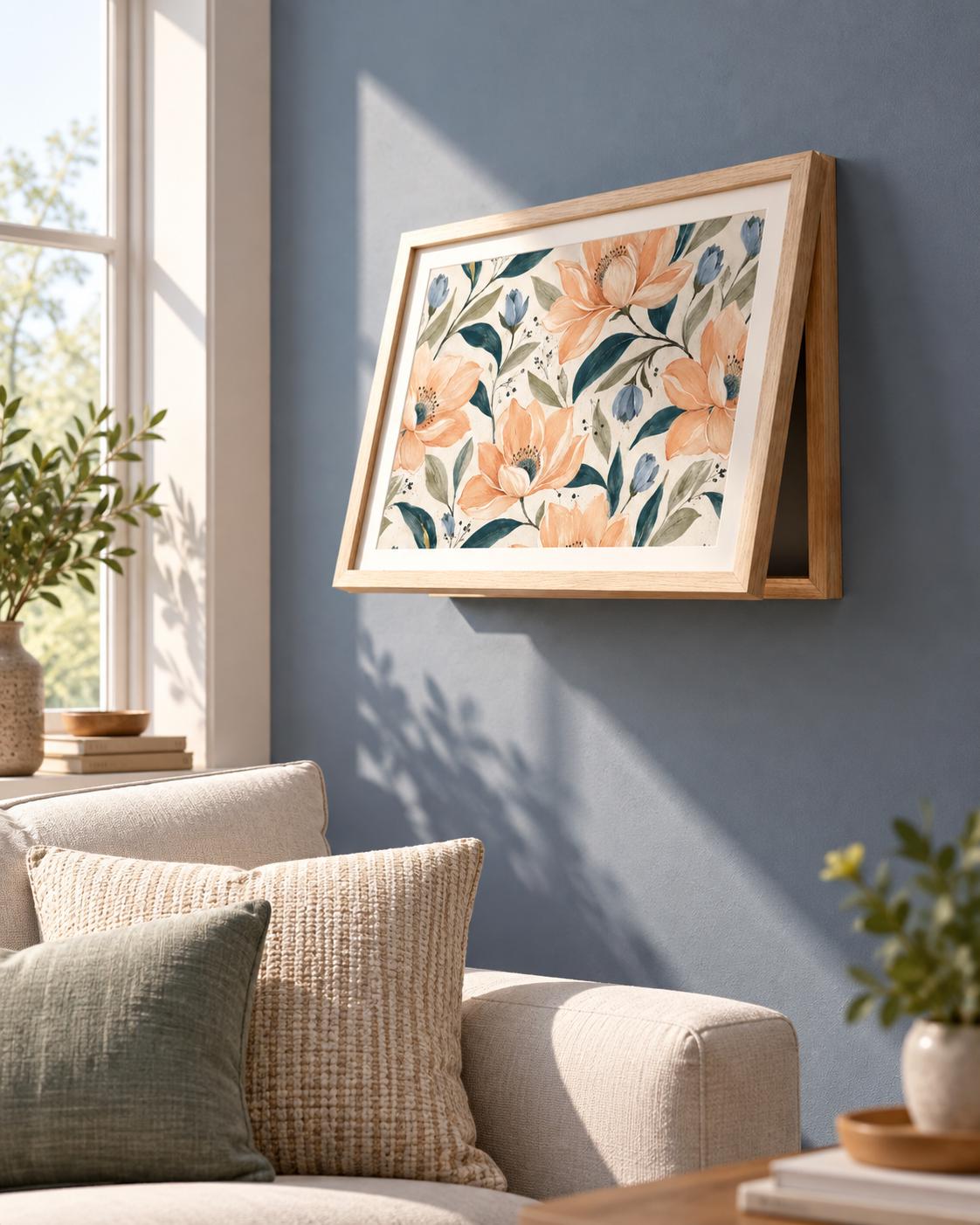 Copricontatore apribile con magnolie color pesca e boccioli blu, cornice o tela